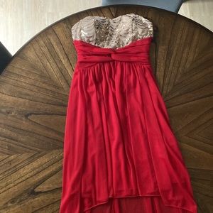 Jodi Kristopher Strapless Sequined Red and Gold High Low Formal Dress